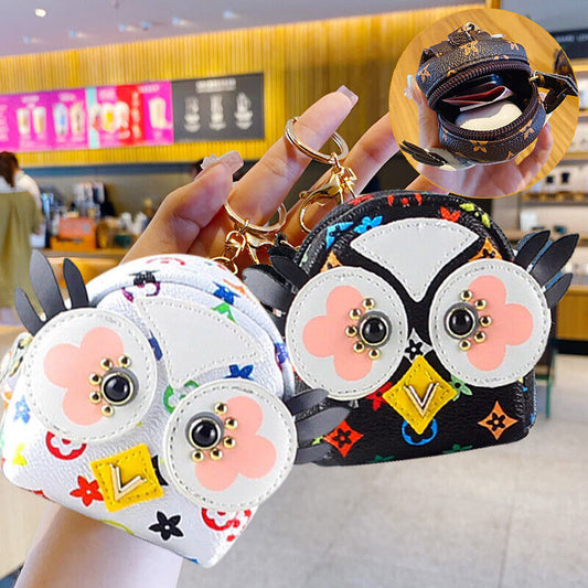 Fashion leather printed owl keychain women's coin purse lipstick bag